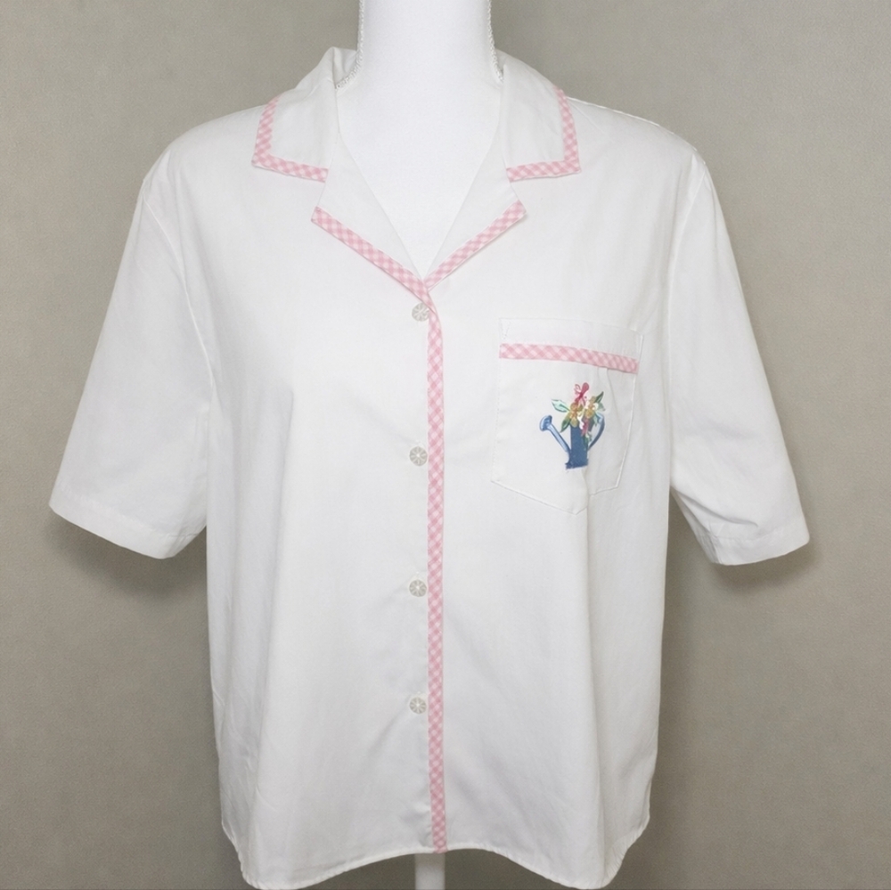 Alfred Dunner 90s Vintage NWT White Button Down Shirt Pink Gingham Floral Pocket - Picture 2 of 10